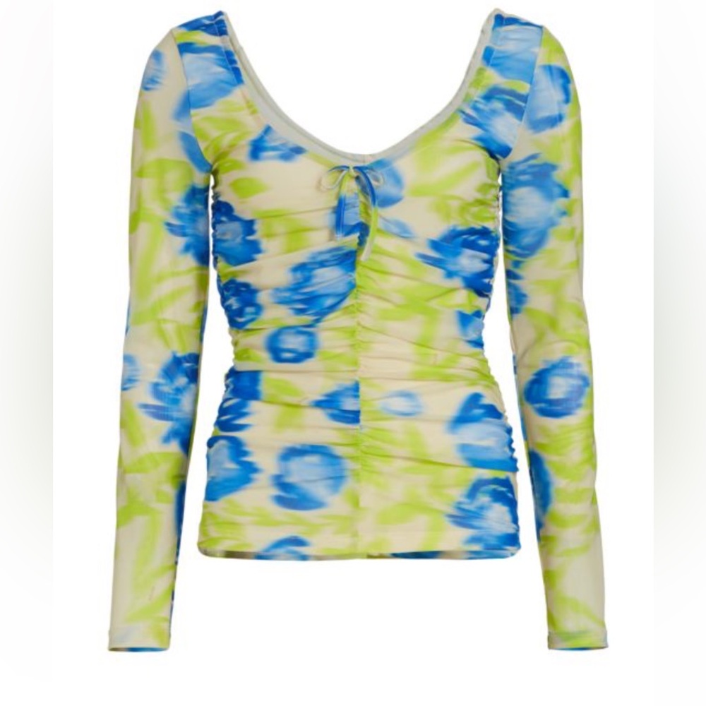 Ganni floral mesh scoop neck top